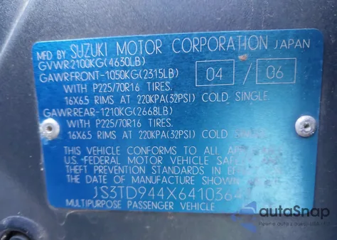 2006 Suzuki Grand Vitara Xsport из США, поврежденный, VIN JS3TD944X64103643